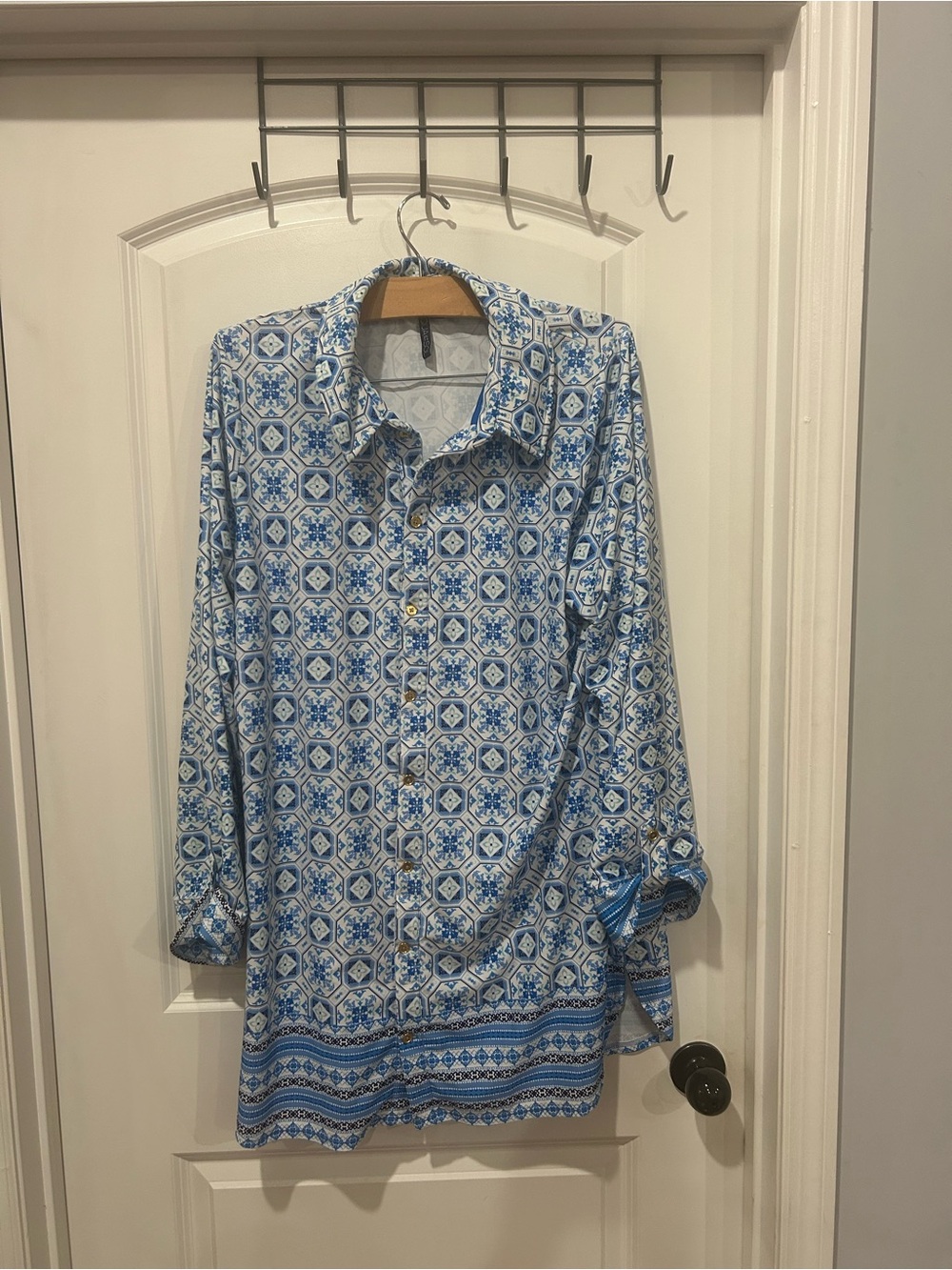 Casual Blue & White Printed Button-Down Tunic Shirt